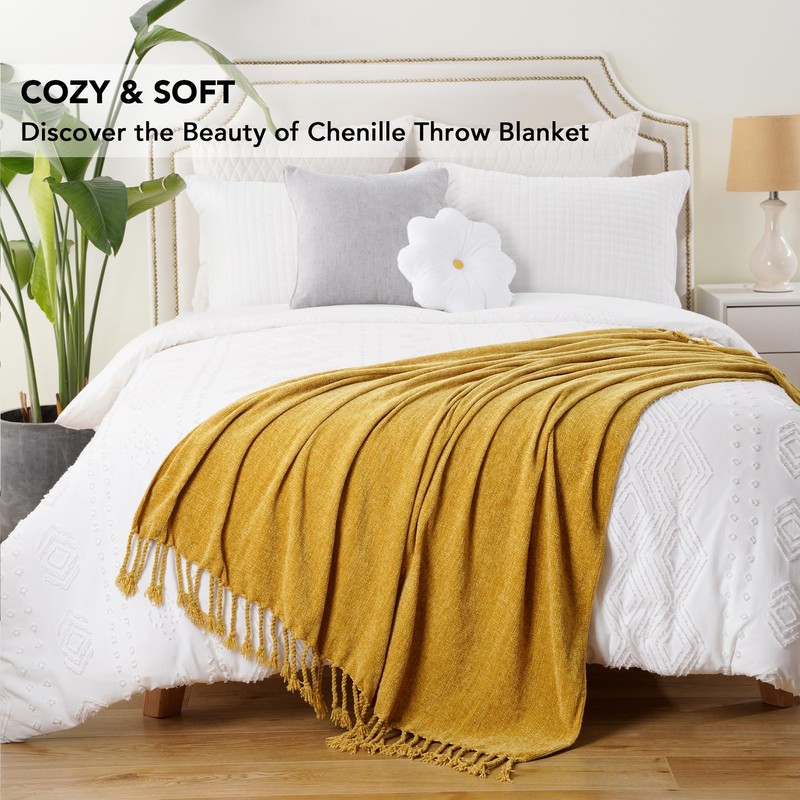 BATTILO HOME Gold Chenille Throw Blanket for Couch, Decorative Fringe