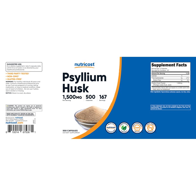 Nutricost Psyllium Husk 1500mg Per Serving, 500 Capsules - Non-GMO