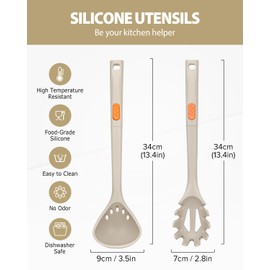 Silicone Pasta Fork and Ladle Spoon Set, Large Non Stick Kitchen Utensils for Cooking,Stirring,One Piece Serving Spaghetti, Soup, Sauce (KHAKI)