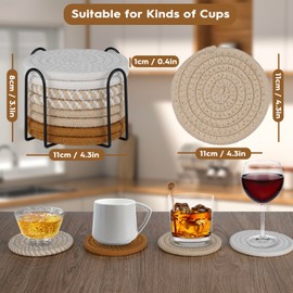 8 Pcs Drink Coasters with Holder, Boho Coasters for Drinks Absorbent, Minimalist Cotton Woven Coasters Set for Coffee Table Home Decor Bar Tabletop Protection, Suitable for Kinds of Cups 4.3 Inch