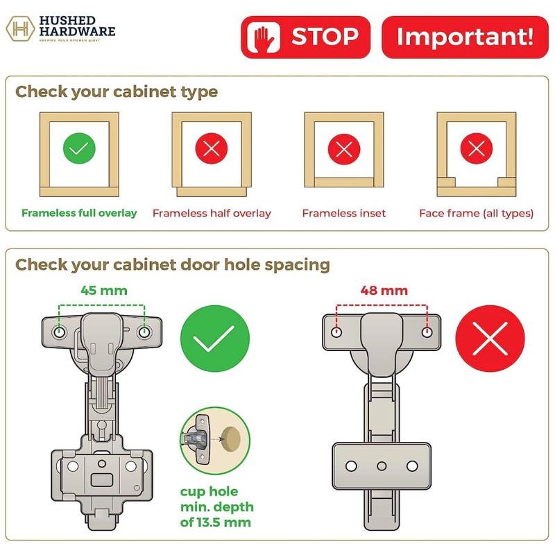 Hushed Hardware Soft Close Cabinet Hinge Set. 4 Frameless Full