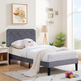 VECELO Twin Size Bed Frame, Velvet Upholstered Platform with Adjustable Headboard, Mattress Foundation with Solid Wood Slats, No Box Spring Needed, Easy Assembly