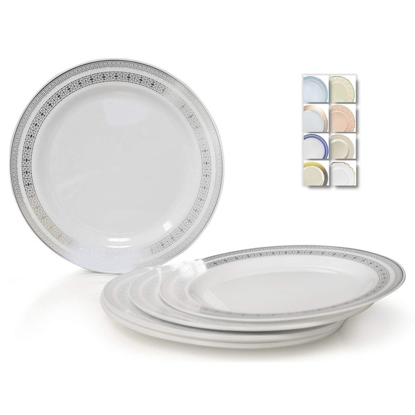 " OCCASIONS" 120 Plates Pack, Heavyweight Disposable Wedding Party Plastic Plates (7.5'' Appetizer/Dessert Plate, Lace in White & Silver)