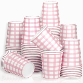 125 Pcs 9 OZ Gingham Party Paper Drinking Cups - Pink Disposable Plaid Paper Cups Checkered Cups - For Wedding Birthday Decoration Fiesta Baby Shower Picnic