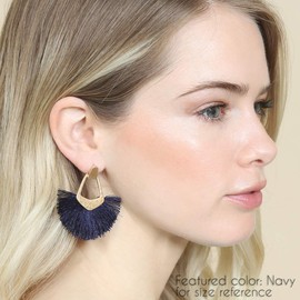 Bohemian Silky Thread Tassel Statement Drop Earrings - Geometric Strand Fringe Diamond Fan, Triangle Duster Dangles (Pentagon Fan Tassel - Red)