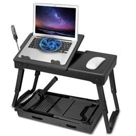 Laptop Desk for Bed Couch, Adjustable Foldable Laptop Table with LED Light, Cooling Fan, USB Port, Portable Lap Desk for Working, Reading, Writing, Eating(Black)
