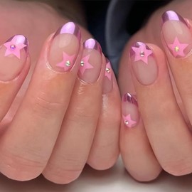 Almond Press on Nails Medium Length Nude Pink Fake Nails Rhinestone Glossy False Nails Pink Star Design Glitter Acrylic Nails Reusable Full Cover Glue on Nails for Women Girls 24 Pcs