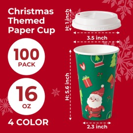 Fit Meal Prep 100 Pack 16 oz Christmas Disposable Coffee Cups with Lids and Stirrers, Premium To Go Coffee Cups, Leak-Proof Paper Coffee Cups for Cold/Hot Beverage, Party, Holiday (White Lids)
