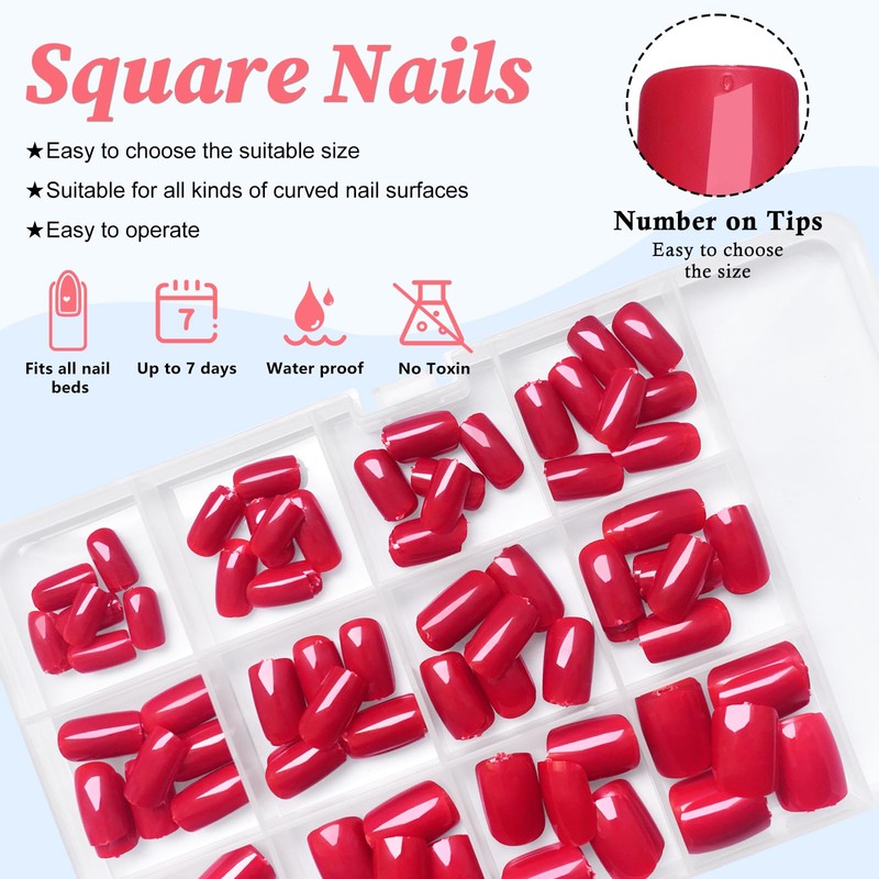 LoveOurHome 240pc Square Press on Nails Short Fake Nails Red
