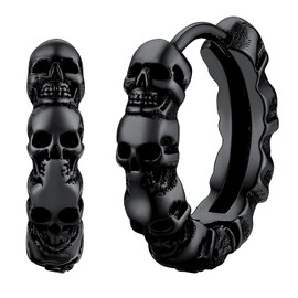 Black Skull Hoops Mens Huggie Circle Hoop Earrings for Man Gothic Punk Jewelry for Rapper Reggae Statement Ear Charms