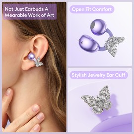 Stylish Open Ear Clip On Earbuds with Removable Butterfly Earring, Clip On Headphones with LCD Touch Screen, Fashionables Open Ear Headphones for Women, Purple Butterfly Earring Earbuds
