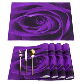 Placemats Set of 6, Purple Rose Flower Floral Dining Table Place Mats Heat Resistant Non Slip Washable Linen Kitchen Table Mats for Outdoor Indoor Decor