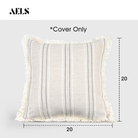 AELS 20x20 Decorative Farmhouse Linen Throw Pillow Covers with Fringe, Boho Textured Pillow Case, Set of 2, Beige with White & Gray Stitch Yarn Dyed Stripe Cushion Cover for Sofa Couch (Cover ONLY)