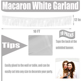 10 Pack 10 Feet Macaron White Foil Fringe Garland Metallic Tinsel Streamers Banner Wall Hanging Fringe Curtain Backdrop Banner for Parade Floats, Bachelorette, Wedding, Birthday Party Decorations