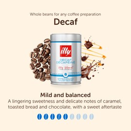illy Coffee - Decaf Coffee Beans - Medium Roast - 100% Arabica Whole Decaffeinated Coffee Beans - Ideal for Moka Pots, Filter Coffee, Espresso and Lungo Coffees - 250g Tin