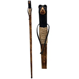 Rustic Axentz Wood Walking Trekking Hiking Pole Stick with Twine Grip, Rubber Tip, Wrist Strap, 46", Carved Bear