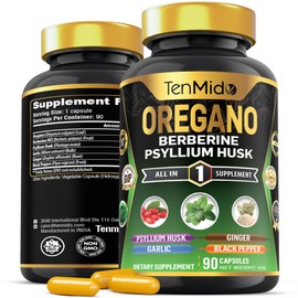 Tenmido Oregano Supplements - 6in1 with Berberine, Psyllium Husk, Garlic, Ginger & Black Pepper - 90 Vegan & Non-GMO Capsules