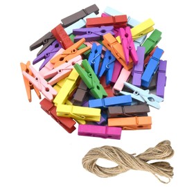 wangjiangda Wooden Pegs Small Pack of 50 Mini Colourful Wooden Pegs for Crafts Decorating for Photo Linen Place Cards Greeting Cards 10 m Jute Cord