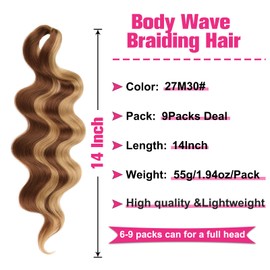 Unionbeauty Body Wave Braiding Hair 14Inch 9Packs Pre-Feathered Braiding Hair French Curl Crochet Hair for Boho Box Braids Ombre Brown Deep Wave Crochet Hair Synthetic Braiding Hair Extensions(27M30#)
