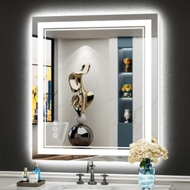 AWANDEE 28x32 LED Bathroom Mirror with Lights, Backlit + Front Lit, Anti-Fog Lighted Vanity Mirror for Bathroom Wall with 3 Colors, Dimmable, Memory, Shatter-Proof Tempered Glass, Horizontal/Vertical