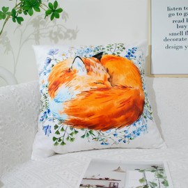 Cushion Covers 45 x 45 cm, Sleeping Fox Flowers Gifts Double-Sided Cute Animal Orange Blue Square Decorative Pillows Covers for Sofa Livingroom Garden Bed Home Decor Cushion Cover 18 x 18 inch