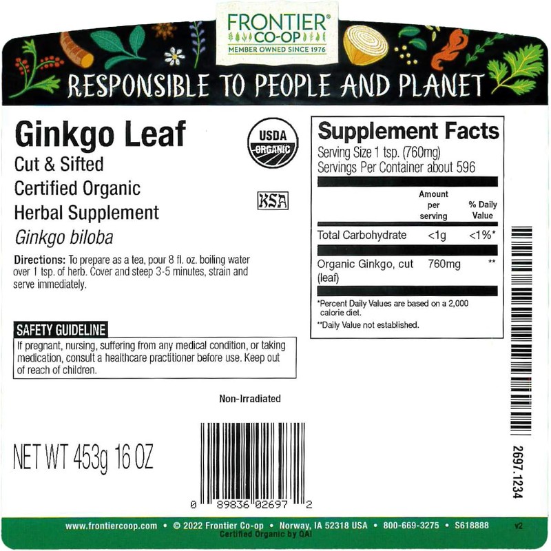 Frontier Co-op Organic Ginkgo Leaf, 1lb Bulk Bag, Cut and