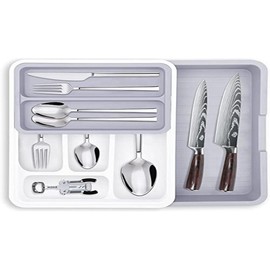 MDHAND Cutlery Tray for Drawers, Expandable, Adjustable, The Ideal Drawer Organiser for Kitchen Drawer, Cutlery Holder, 8 Flexible Compartments (White-Grey)