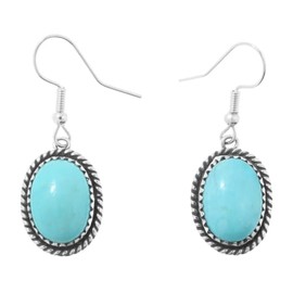 Native American Turquoise Oval Sterling Dangle Earrings French Hook Design 0702