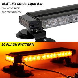 ASPL 16.8 Inch LED Strobe Flashing Light Bar, 26 Flashing Modes High Intensity Emergency Hazard Warning Beacon Lights with Magnetic Base for Car, Trucks, Snow Plow, Construction Vehicles (Amber)
