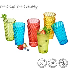 Amazing Abby Glacier - 18-Ounce Plastic Tumblers (Set of 8), Plastic Drinking Glasses, Mixed-Color High-Balls, BPA-Free, Shatter-Proof, Dishwasher-Safe