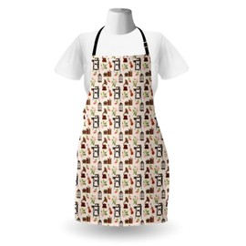 Lunarable Birdcage Apron, Vintage Elements Pattern with Books Gramaphone Sewing Machine and Wildflowers, Unisex Kitchen Bib Apron with Adjustable Neck for Cooking Baking Gardening, Multicolor