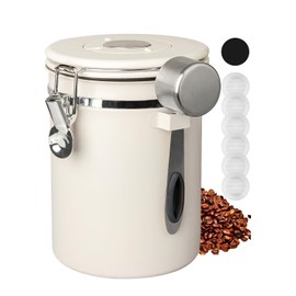 INFTYLE Coffee Canister with Airtight Lid, 22oz, 60 fl oz Cream, Stainless Steel Air Tight Lid Container with Date Tracker and Scoop Food Storage Jar for Grounds Coffee, Beans, Flour, Cereal