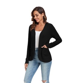 TownCat Women's Elegant Casual Cardigan Thin Cardigan with Pockets Women's Lightweight Cosy Open Front Long Sleeves Outdoor Breathable Black XL, black