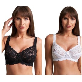 COSHAL® 2 Wired Bras Womens Floral Lace Underwired Bra Full Coverage Lace Bra – Soft Cup Non-Padded Push up Bra with Adjustable Straps Women Every Day Black & White Bras Black & White 40C