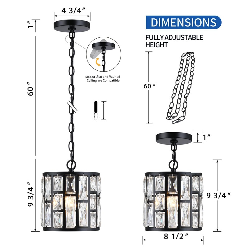 MEXO Modern Crystal Pendant Light,Black Chandelier Light Fixture, Cylinder Adjustable