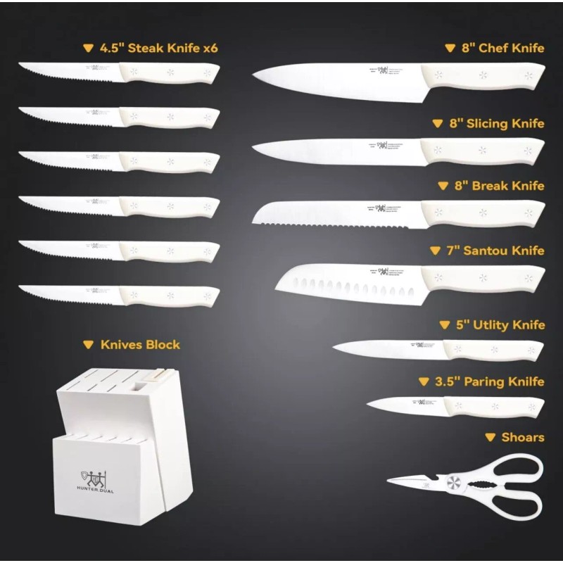 HUNTER.DUAL Kitchen Knife set, 15 Pcs w/ Block Self Sharpening,