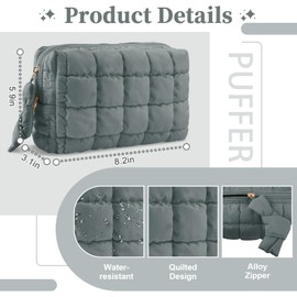UIXIZQ Puffer Quilted Makeup Bag Cosmetic Bags,Puffy Travel Toiletry Pouch for Women,Cute Checkered Zipper Bag Travel Essential,Portable Aesthetic Make up Organizer Bag for Gifts Work Daily, Gray, M