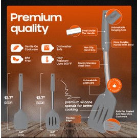 BakeRoyal Silicone Spatula Set - Turner Spatulas Silicone Heat Resistant 600°F - Slotted & Solid Silicone Spatulas for Cooking Fish, Eggs, Pancakes Flipper – Silicone Cooking Utensils Set – Gray