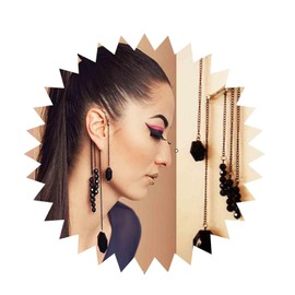 Aneneiceera Boho Black Gem Ear Wrap Earrings Gold Pearl Ear Cuff Earrings Long Drop Tassel Black Beads Earrings Festival Gothic Earrings Non Piercing Ear Climber Cartilage Earrings for Women and Girls