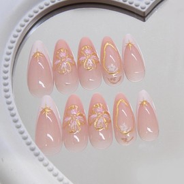 MISUD Press on Nails Medium Almond Fake Nails Glossy Glue on Nails Gold Chrome Acrylic Nails Stiletto Artificial Nails White French Tip Stick on False Nails with Flower Design 24 pcs