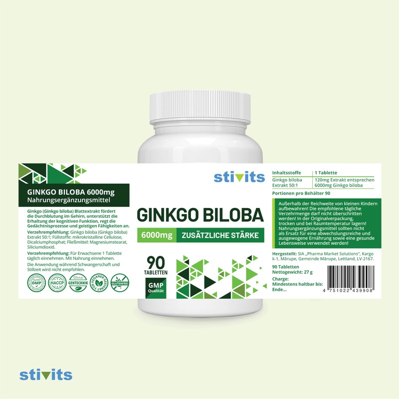 Ginkgo Biloba 6000 mg – 90 vegane Tabletten – Lutein-freier 50:1