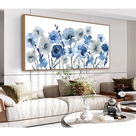 Framed Flowers Canvas Wall Art - Indigo Floral Canvas Pictures Living Room Wall Decor Botanical Canvas Prints Painting Abstract Artwork Bedroom Office Home Decor 20"x 40"