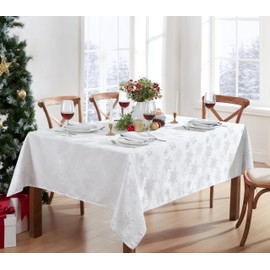 Newbridge Fancy Metallic Snowflake Christmas No-Iron Soil Resistant Fabric Holiday Tablecloth, Sparkling Lurex Woven Easy Care Tablecloth, 52 Inch x 52 Inch Square, White/Silver