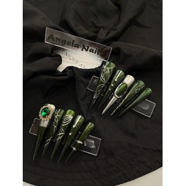 Zoeshine Nail Luxury Press-On Nails, Green Metallic with Crystal Gem Design, Long Stiletto Style (Dark green, Medium)