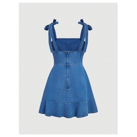 SHENHE Women's Tie Shoulder Sleeveless Denim Mini Dress Layered Ruffle Hem Jean Dress Blue Large