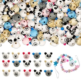 Pack of 50 Wooden Beads with Face, Koala Bear, Panda Face Wooden Bead, Bear Head Wooden Beads, Wooden Beads with Face Worries, Wooden Balls with Hole for DIY Bracelet, Necklace, Jewellery (50)
