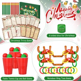 154 Pcs Christmas Games Set Fun Xmas Families Trivia Games Cards Inflatable Reindeer Antler Dice Ring Toss Pencils for Stocking Stuffers Gifts Holiday Birthday Party Activities Favors(Rustic)