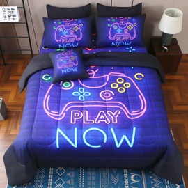 JQinHome Queen Gamer Comforter Set 8 Piece Bed in A Bag for Boys,3D Neon Light Up Design for Classic Console -All Season Soft Microfiber Down Alternative Comforter Gamer Bedding Sets for Kids (Purple)