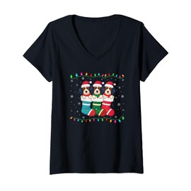 Womens Xmas Tree Lights Funny Havanese Dog in Christmas Socks V-Neck T-Shirt