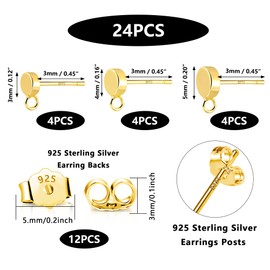 12Pcs Gold Earring Posts with Loop, 3/4/5mm Flat Studs Earring Hook Hypoallergenic 925 Sterling Silver Earrings Findings Butterfly Backs Supplies Set Gold Ear Studs Posts for Earrings Jewelry Making